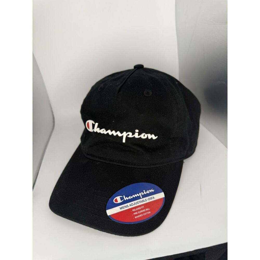 Champion Black Baseball Cap Mens OSFA Adjustable Relaxed Fit Pre-Curved